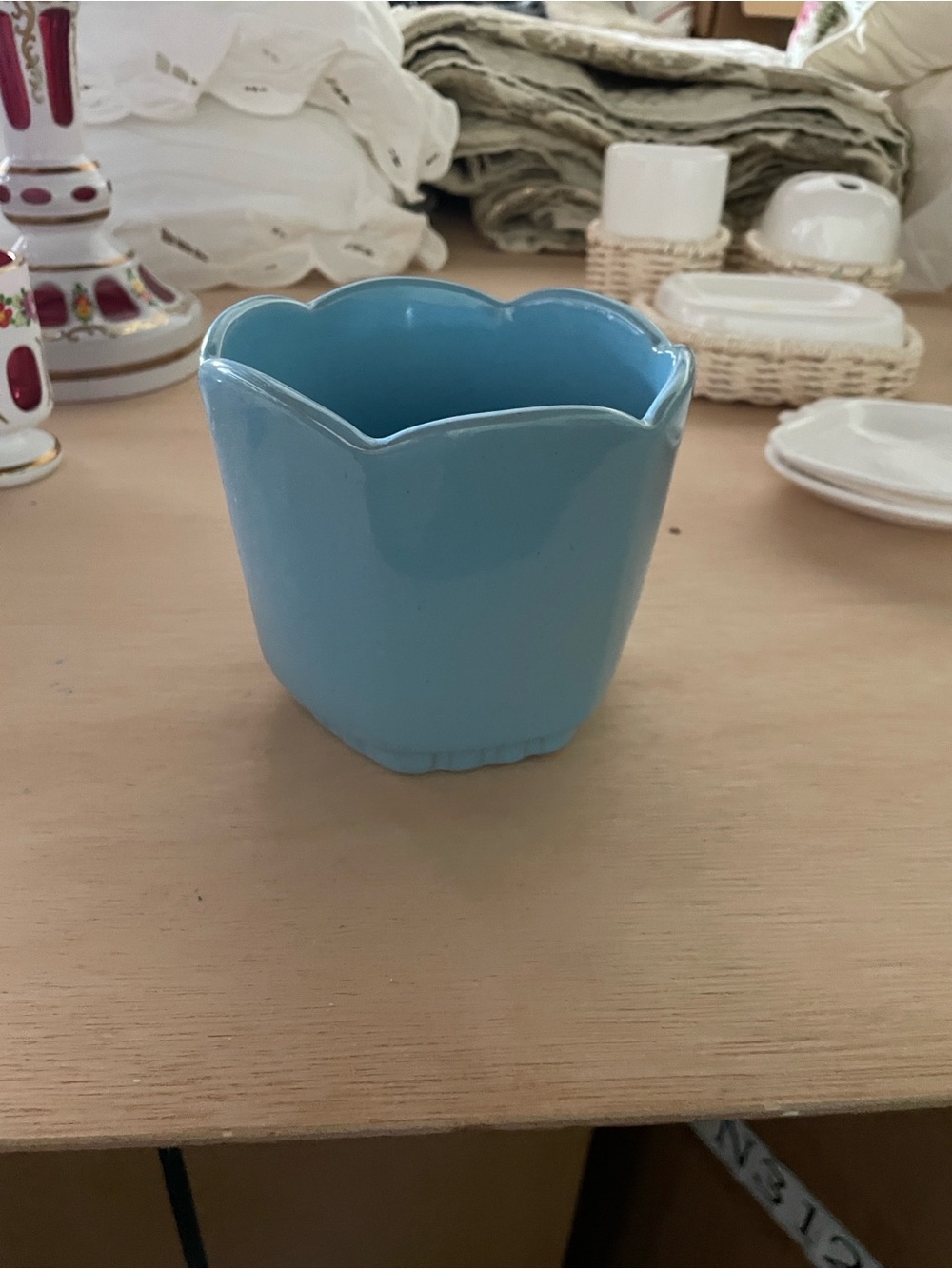 Vintage Frankoma Pottery Planter Small Blue Scalloped Edge 4" Tall  #37